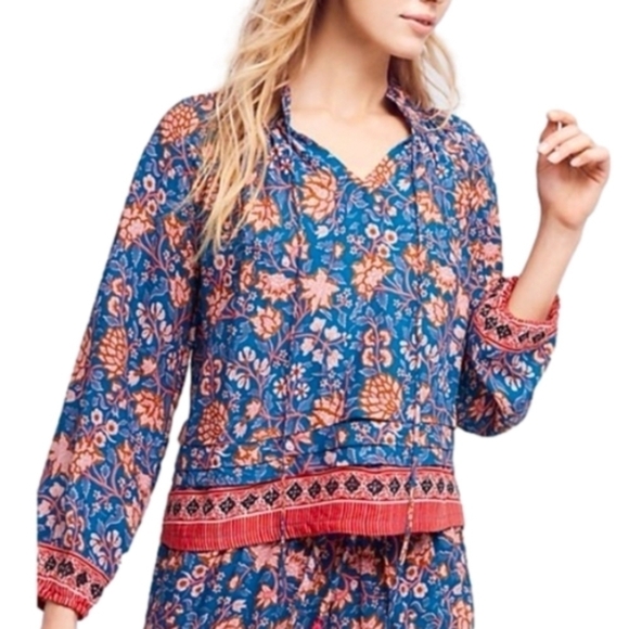 Anthropologie Natalie Martin Ione Floral Printed Split Neck Long Sleeve Blouse - Picture 1 of 8
